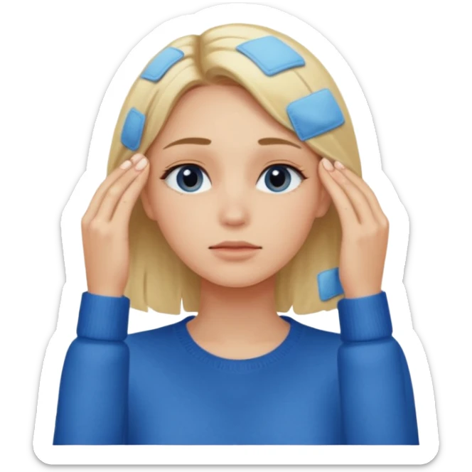 Girl massaging her head with blonde hair with anti-dark circles patches dressed in a blue sweater sticker
