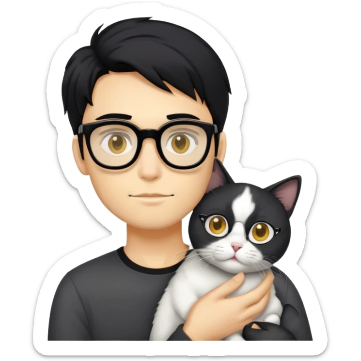 A young man with a long face and warm yellow-toned skin, black hair, wearing a pair of black glasses, cradling a grayish-white cat sticker