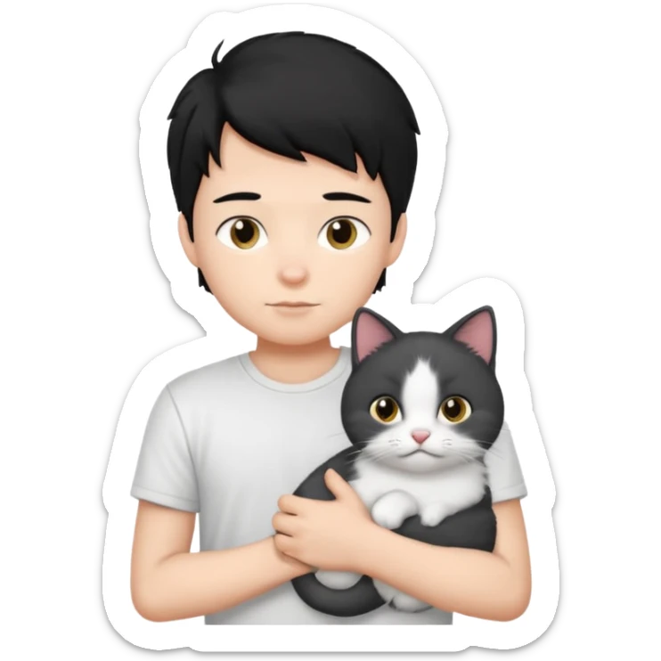 generate a pretty bratz emoji of a boy with black hair wearing a white tshirt and holding a cat sticker