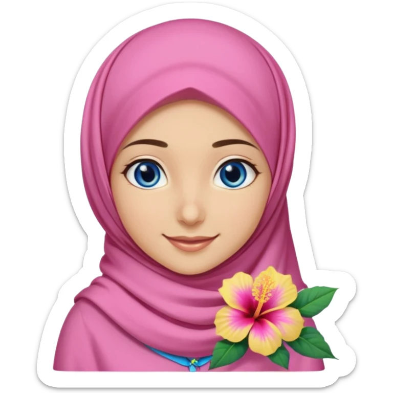 Turkish beautiful finish Konya girl blue eyes with pink yellow summer hijab islamic dress and had on her side part hijab hibiscus flower and she’s happy sticker