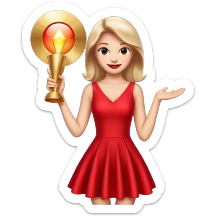 Glam girl under a soft spotlight posing with a shiny stylish dress, confident smile — picks the boldest deal sticker