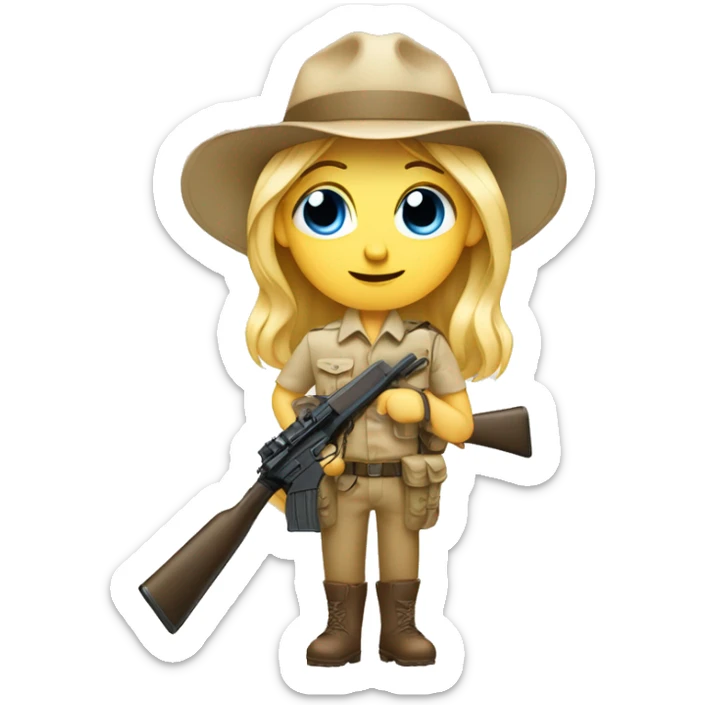Blonde blu eyed emoji with mustache in safari outfit and rifle sticker