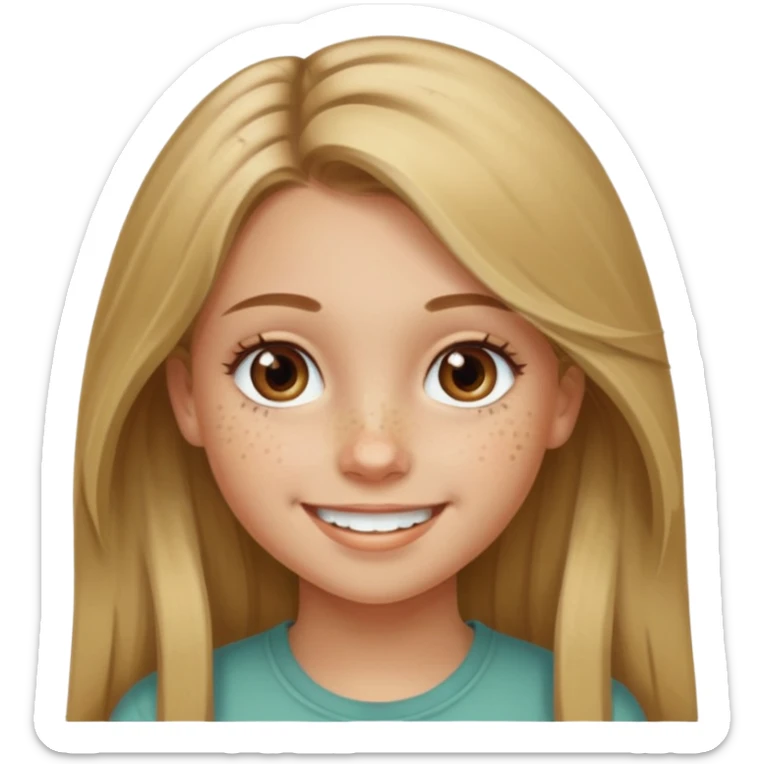 A smiling young girl with long dirty blonde hair and hazel green and brown eyes sticker