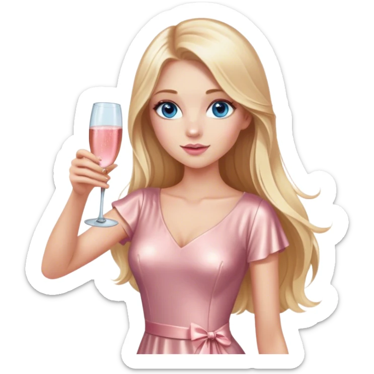 Pretty Blonde with long hair model, blue eyes, wearing a rose gold dress with short sleeves, raising a glass of pink champagne sticker