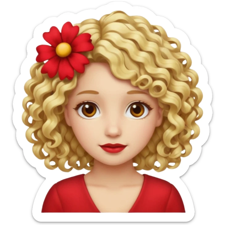 ["Fair skin female, curly blonde hair, red floral hair clip."] sticker