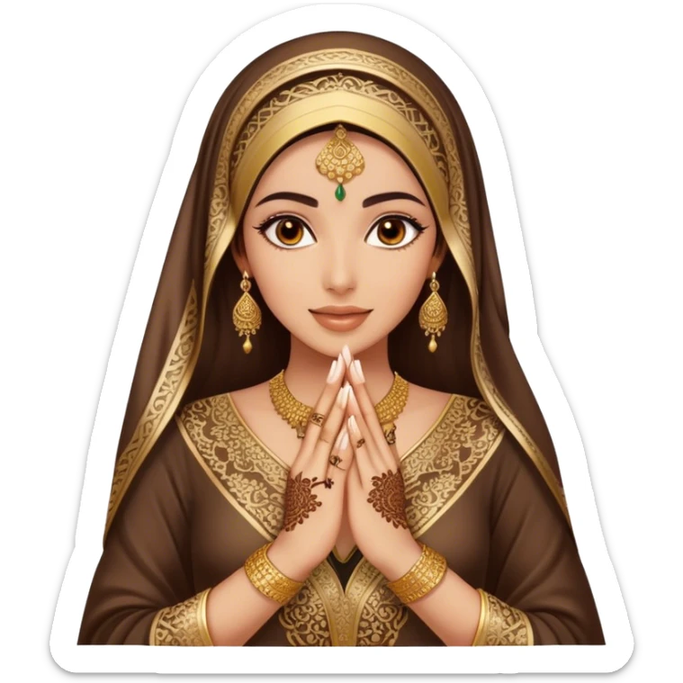 An Arab woman,showcasing her beautifully adorned hands with intricate henna designs  and long, elegant nails. She wears multiple gold rings that complement her shimmering golden Arabic traditional abaya sticker