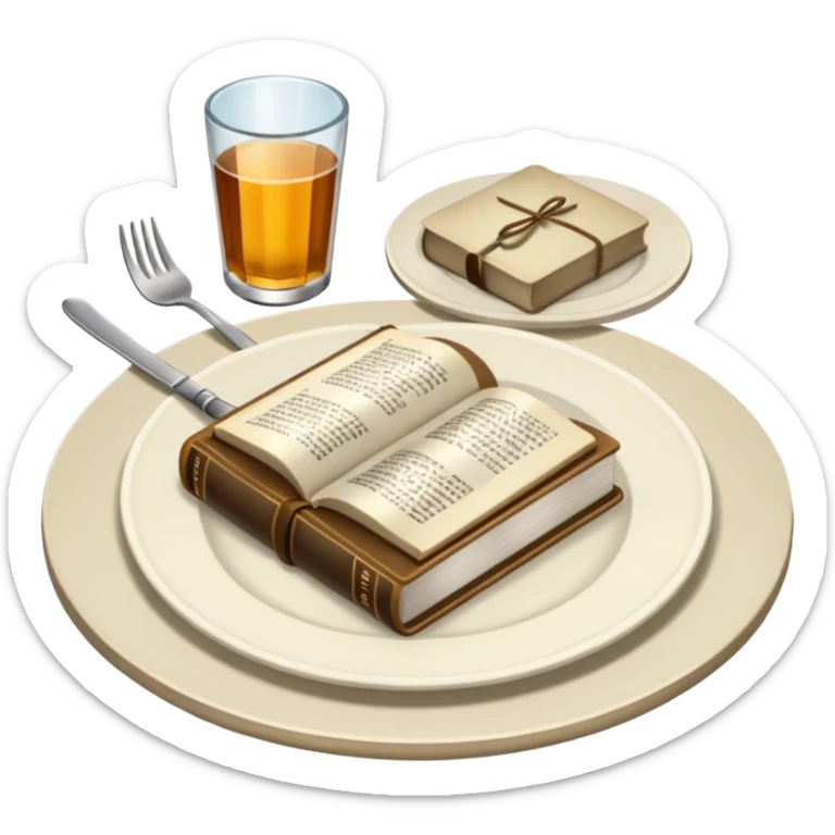 Make a plate of food, with cutlery beside it, and on top of the plate make a Bible. I don't want any glasses, and I want the Bible to be open. sticker