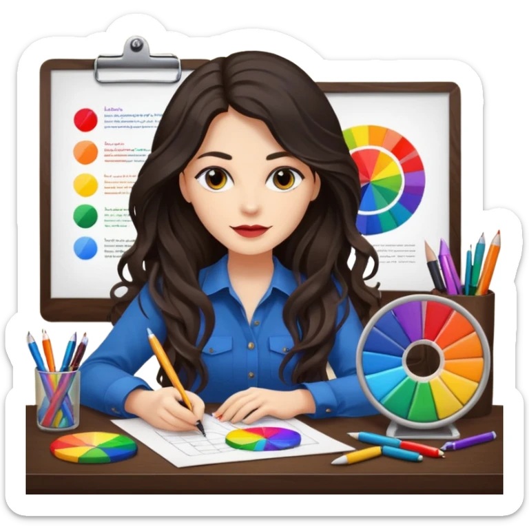 female dark wavy long hair graphic designer , color wheel, pens, papers , desktop sticker