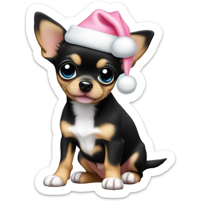black & tan chihuahua puppy full body light blue eyes pink christmas hat on sticker