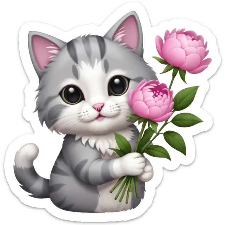 Cute cat Handing pink peonies like reaching a hand and handing them out a bouquet of them not a physical hand the cats hand  make the cat fluffy and grey and white fluffier sticker