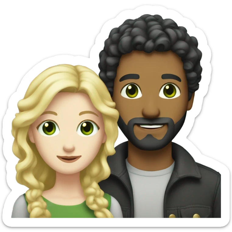 Man with pale skin and short black hair and beard with woman with long curly blonde hair and green eyes  sticker