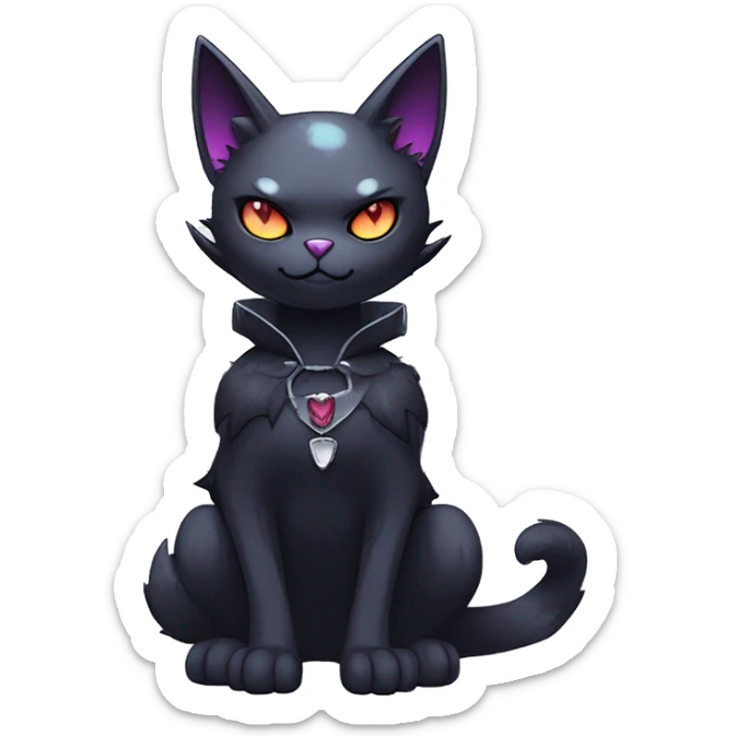   cool edgy kawaii anime-style ethereal dark-punk-themed animal vampiric cat-hybrid Fakemon with fangs and bat-wing-ears with a collar full body sticker
