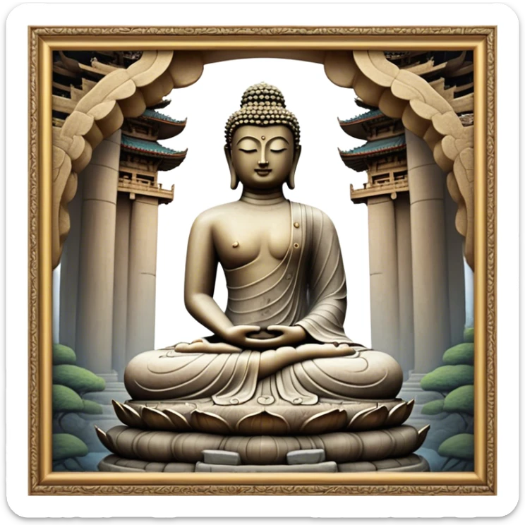 Cinematic Realistic image of the Big Buddha Monument of Sinheungsa Temple, portrayed as a towering, serene Buddha statue carved from weathered stone with intricate details and a gentle meditative expression, set within an ancient temple landscape enveloped in soft, ethereal lighting that underscores its spiritual majesty. sticker