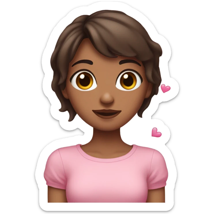short-medium hair brunette girl making hearts with her hand and pink hearts around her and has heart eyes pink  sticker