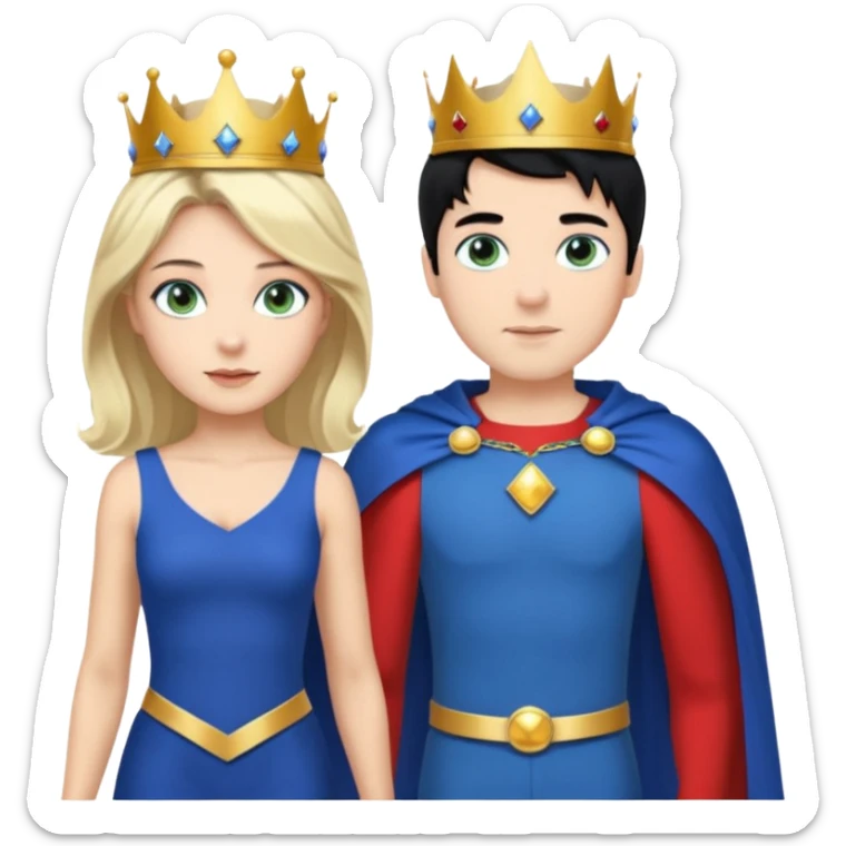 Prince with crown, blue cape and trousers, body and legs, black hair, blue eyes, woman blonde hair, green eyes, sexy white short sleveless dress,  sticker