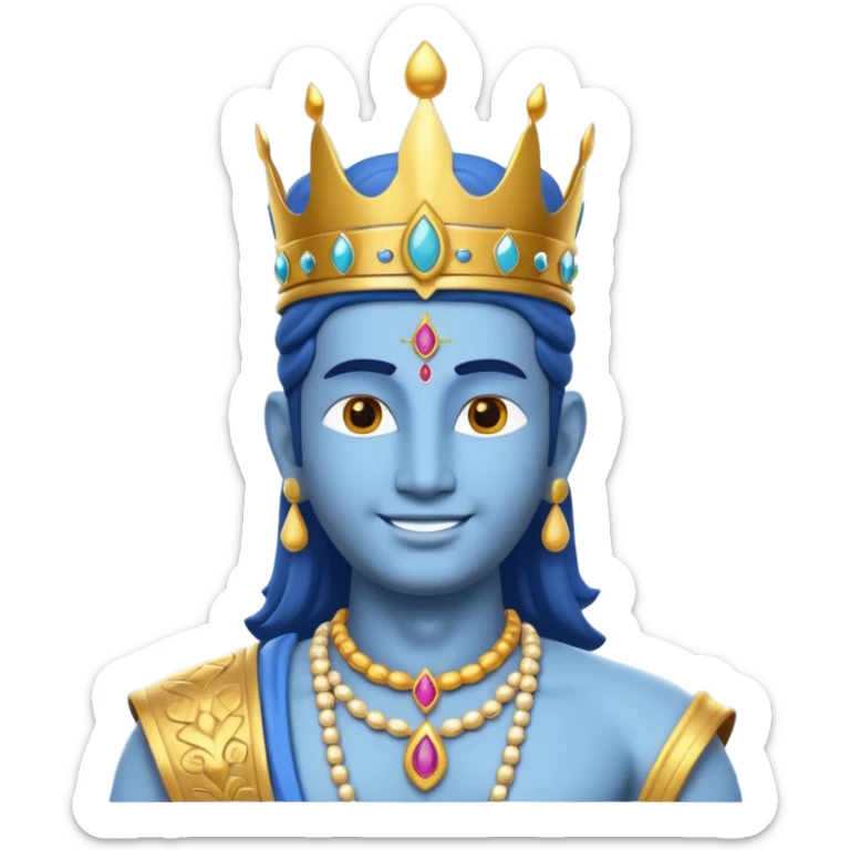 Hindu god Vishnu portrait, head and shoulders only, blue skin, golden crown, sacred jewelry, peaceful smile, divine aura, 3D cartoon, mobile game icon style, clean background, no text, no watermark
 sticker
