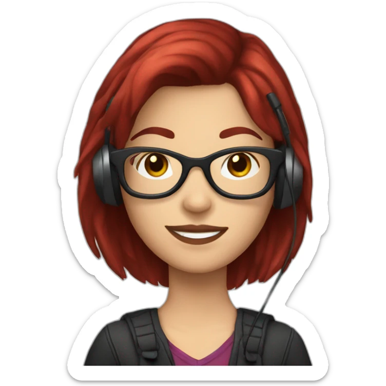 caucasian female rock star with short dark red hair, headphones and glasses sticker