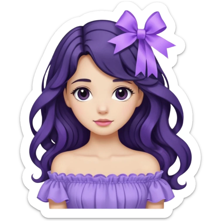 Girl with black wavy long hair and a ribbon hair clip beside it make it look like wearing a lavender off shoulder  sticker