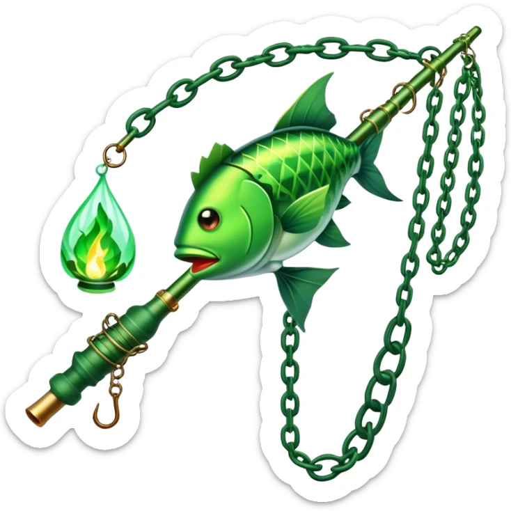 green magical glowing fishing rod with chains and poison ivy vines on it, with a green flame on the tip. It is fishing a green fish sticker