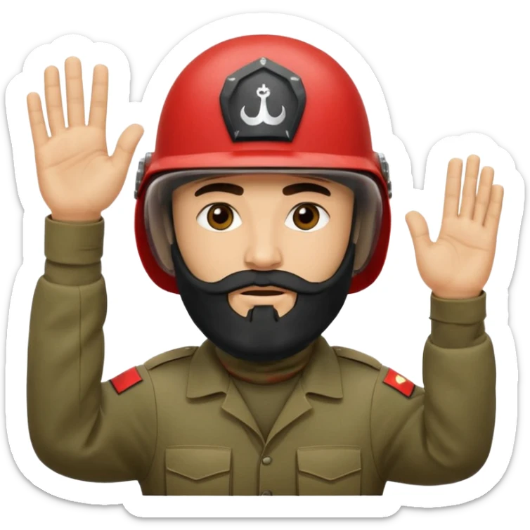 surrenders, depicts an Iraqi soldier from 1980, with a beard, in a helmet, a helmet WITHOUT insignia, with a balaclava, with sad eyes and both hands raised up sticker