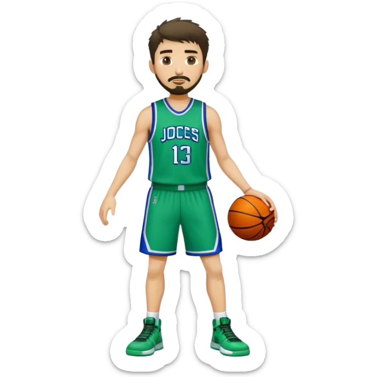 Full Body white male basketball player with short dark shaggy hair and goatee wearing blue and green uniform sticker