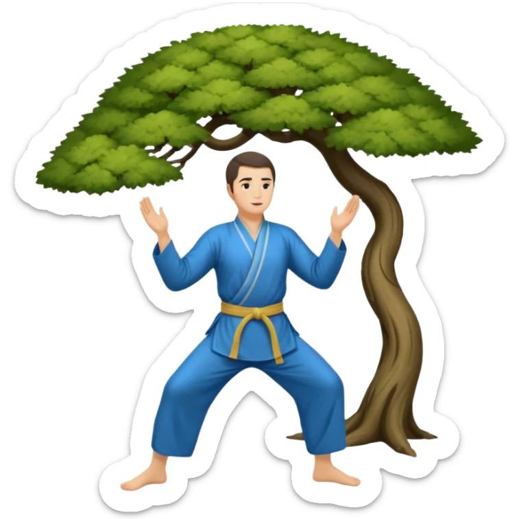 pratiquant de qi gong, homme aux cheveux long, en position de l'arbre, en tenue noire ou blanche. L'image ne contiendra pas d'arbre sticker