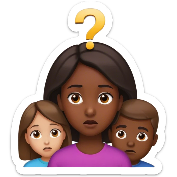 a young girl with dark skin in the middle of two men, looking indecisive, with a question mark over her head sticker