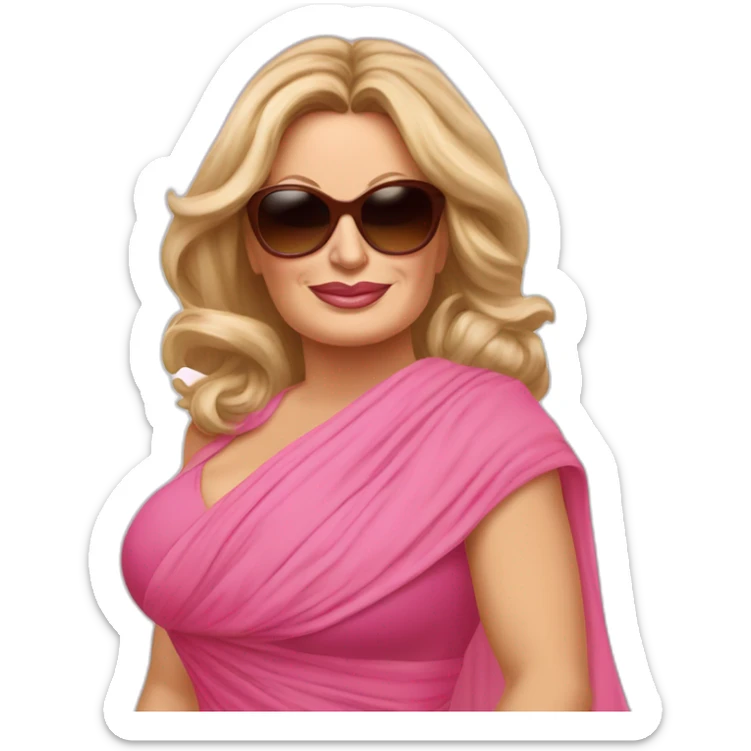 Jennifer Coolidge from tv show White Lotus. She is wearing large brown round vintage sunglasses. She has a pink chiffon scarf wrapped around her head and pink dress sticker