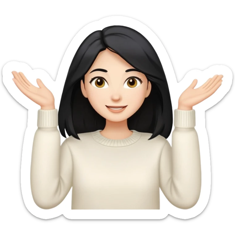 A woman with longer black hair, light to medium skin tone, full cheeks, and almond-shaped eyes, wearing a simple white sweater, joyful and radiant expression, cheerful. sticker