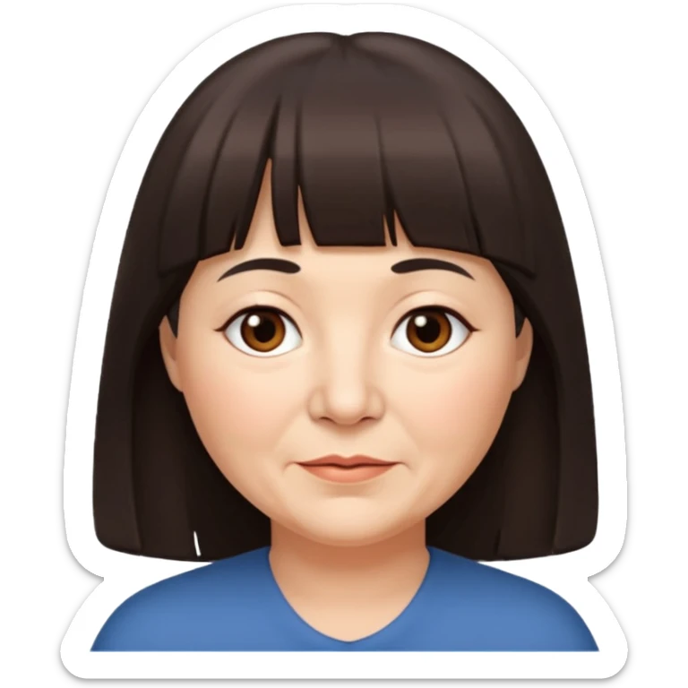60 yr old woman, very small brown eyes, long hair, straight dark brown hair, bangs, chubby, long face sticker