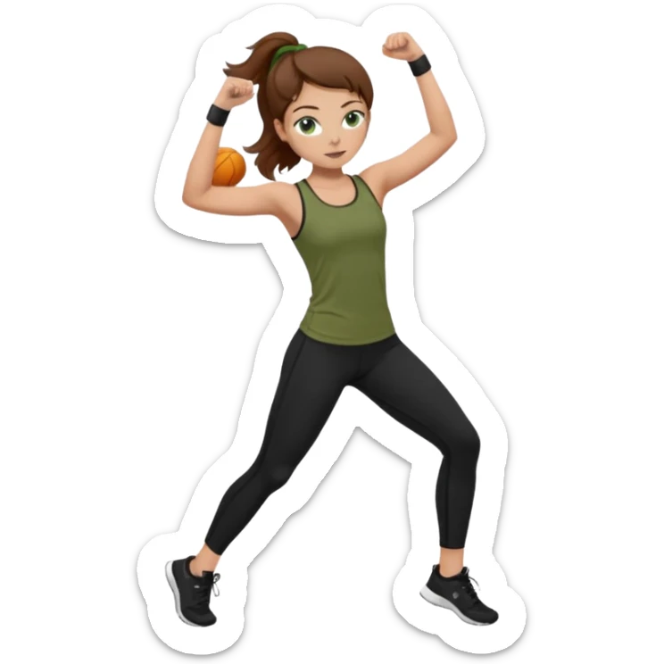 Girl with green eyes, brown hair, light skin, and freckles wearing an olive green top with black leggings working out sticker