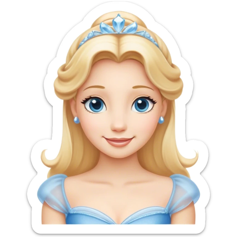 Cinematic Radiant Cinderella Portrait Emoji, rendered in a clean vector-style with bold proportions. Show Cinderella with a warm, serene smile, fair skin, and lustrous blonde hair, wearing a simple yet elegant dress that shimmers with gentle light. The image glows with an inviting, soft radiance and high shine, embodying timeless beauty. sticker