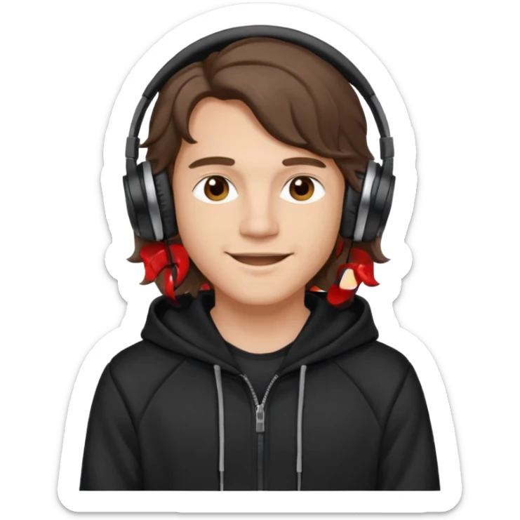 emoji of a young gentleman, long wavy brown hair, wearing a hoodie and headphones, cheerful look sticker