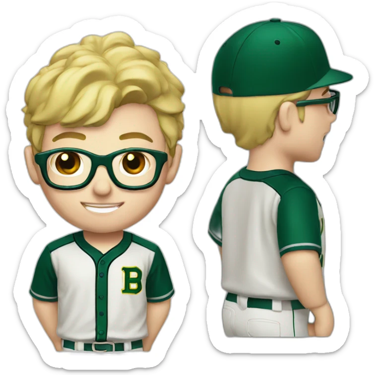 baseball card character. Blonde male. Short hair with glasses. Dark green uniform with har sticker