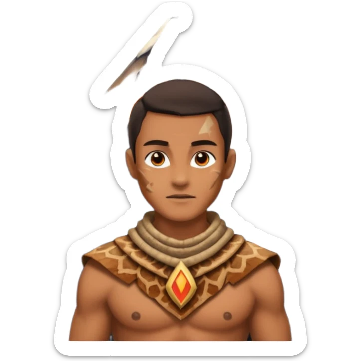 a avatar wearing ancient animal skin cloth with volcano behind, half body, icon sticker