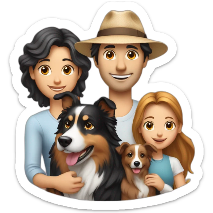 family group of three consisting of man in hat and woman with long hair in ponytail and small border collie dog sticker