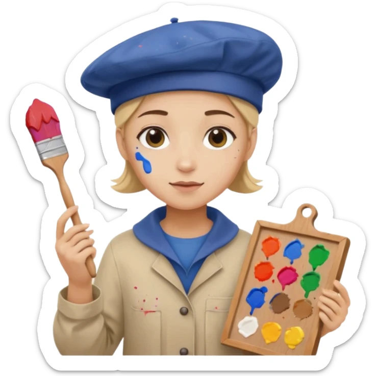 emoji of a professional painter, holding a canvas, wearing a smock and beret, artistic vibe sticker