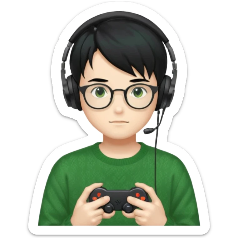 
gamer, Gorgeous green sweater black hair anime style shojo guy glasses, headphone, gamepad sticker