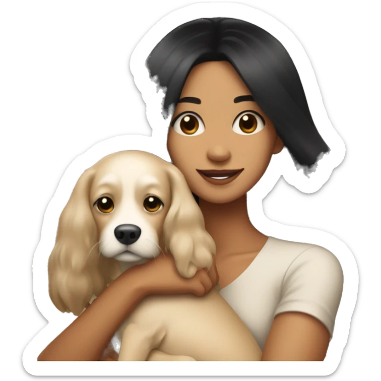 pretty woman with very long black hair and caramel skin hugging a beige dog sticker
