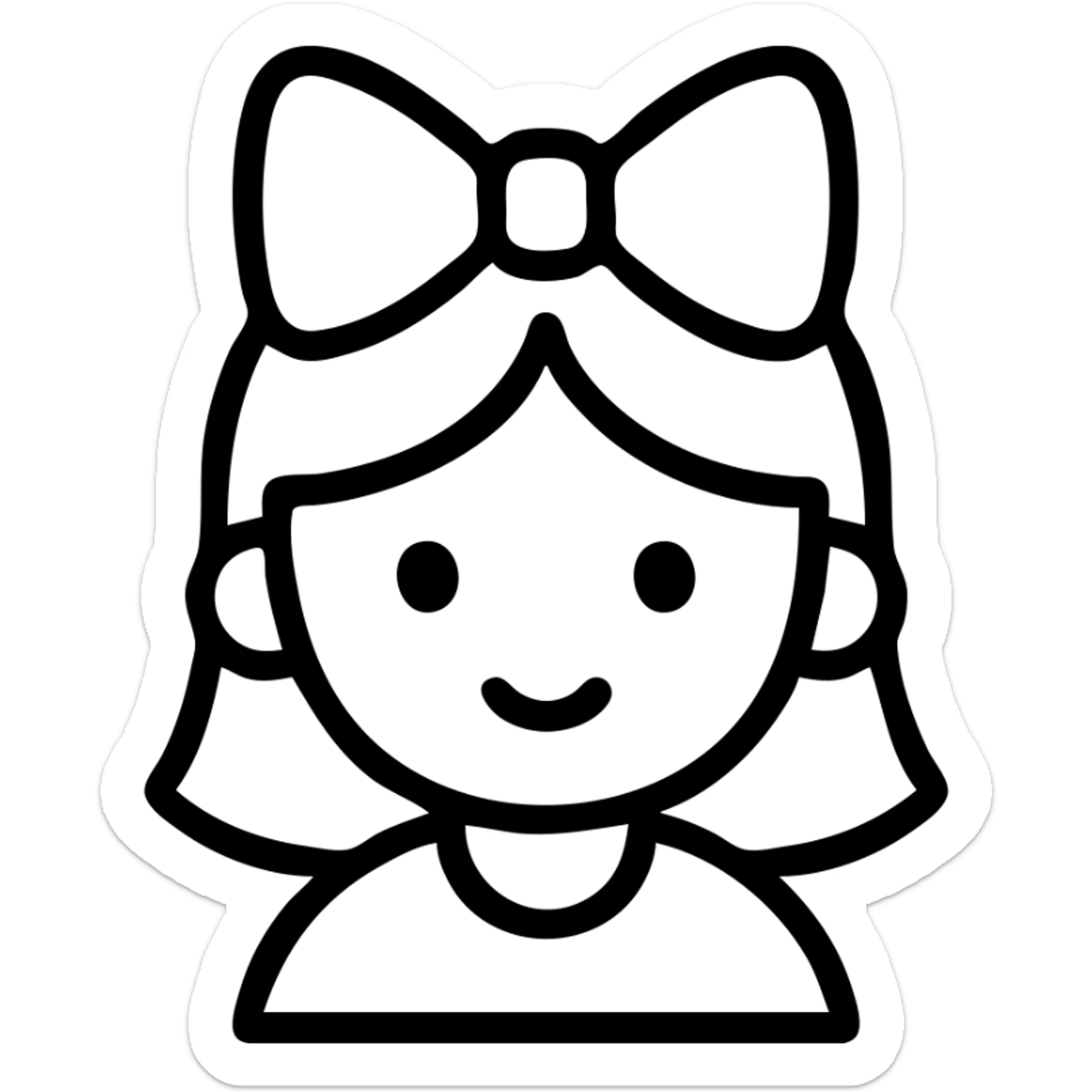 cute little girl with a big pink ribbon on her head, simple black line drawing style sticker