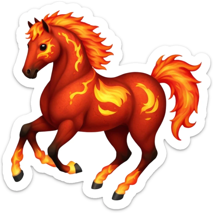 Red fast fire horse made of embers, magma, visible lava, burning, with ash particles surrounding it. Horse galloping with a fiery mane and tail. sticker