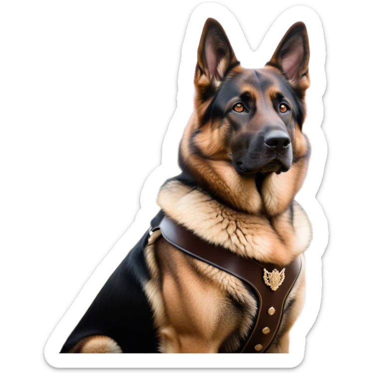 Cinematic Noble Tan/Black German Shepherd Portrait Emoji, Poised and regal, with a strong, athletic build and a dense, well-groomed coat in rich tan accented by a classic black saddle, deep-set soulful brown eyes, Simplified yet sharp and sophisticated features, highly detailed, glowing with a soft, dignified glow, high shine, intelligent and loyal, stylized with an air of authority, focused and attentive, soft glowing outline, capturing the essence of a watchful and commanding guardian, so majestic it feels as though it could stride out of the screen with effortless authority! sticker