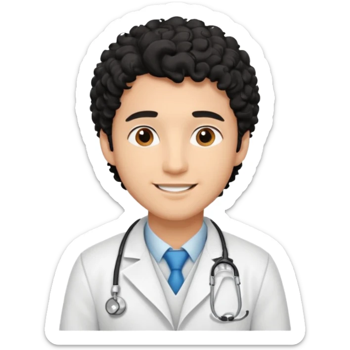 a young male doctor with black  curly hair and cheerful face sticker