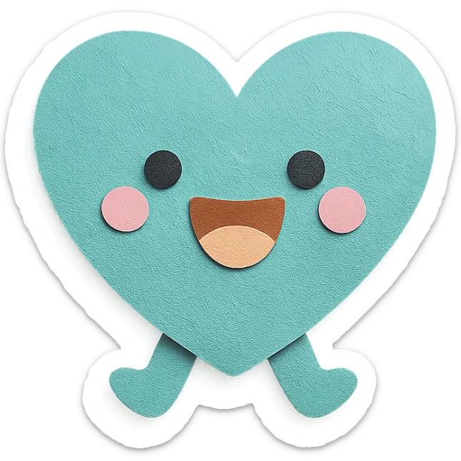 kawaii teal heart, jumping, happy face, soft pastel palette, no arms or legs, full body, paper craft style sticker
