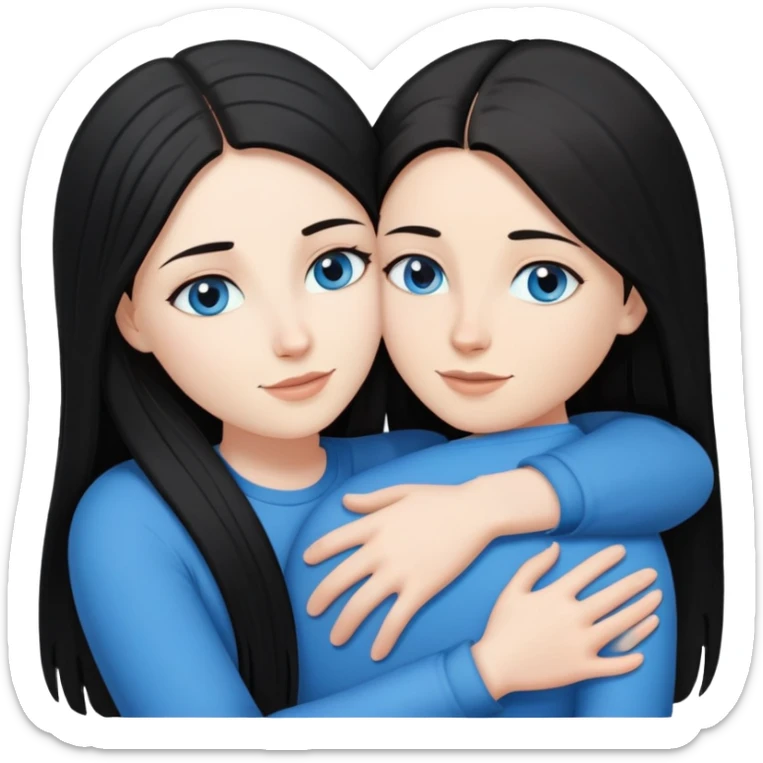 Lesbian couple with white skin. One with long straight black hair. One with long straight brown hair. Both with blue eyes. In a loving embrace sticker