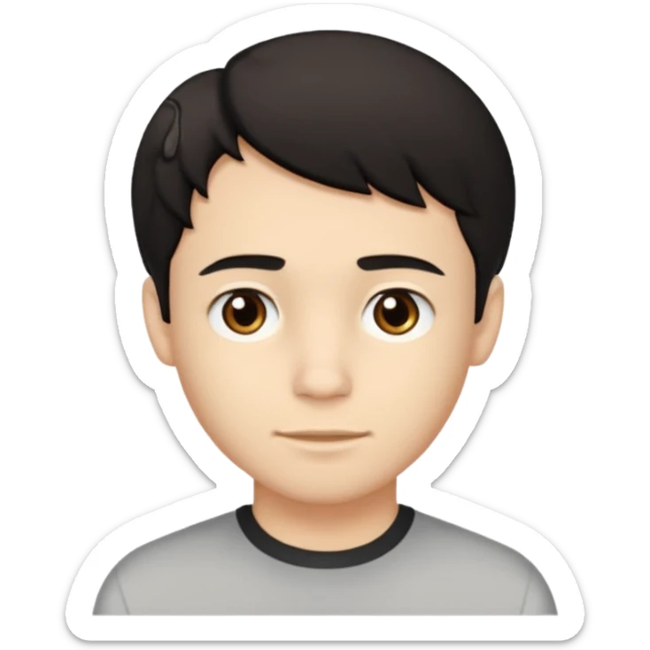 A young man with light skin tone, short wavy black hair parted to the side, large brown eyes, and a neutral expression with a small closed-mouth smile. sticker