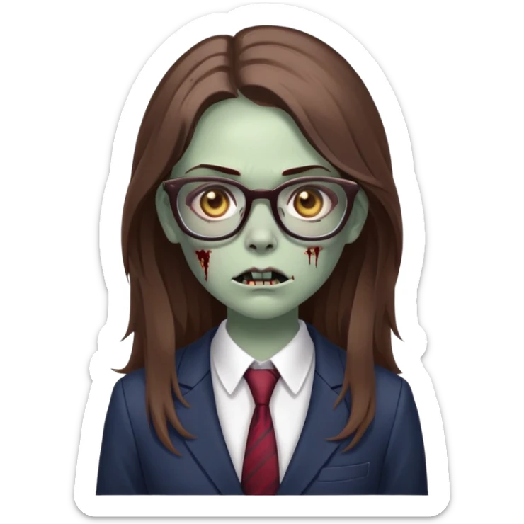 zombie girl with glasses, long brown hair, wearing a suit, looking confident sticker