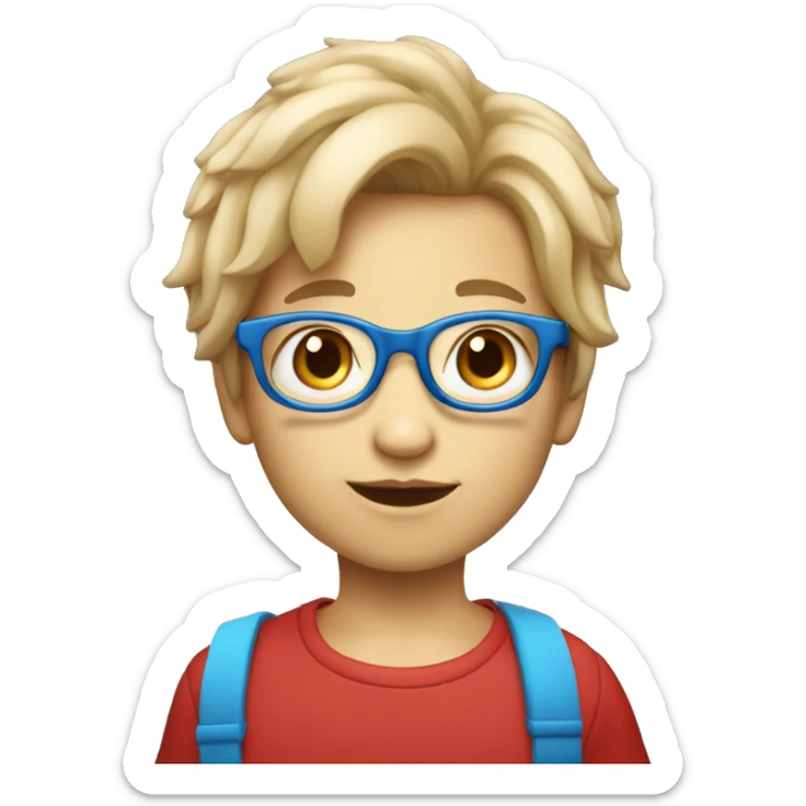 Un enfant avec les cheveux châtains clair qui a des lunettes rondes bleues et rouge et qui mange une glace sticker