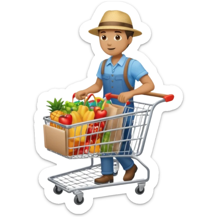full body of a man pushing a shopping cart inside a supermarket sticker