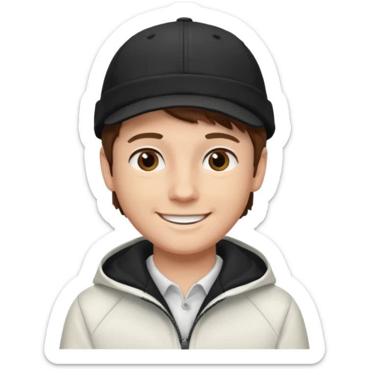 Créame a un chico blanco con gorra negra con el pelo castaño y qué tenga una chaqueta blanca más animado sticker